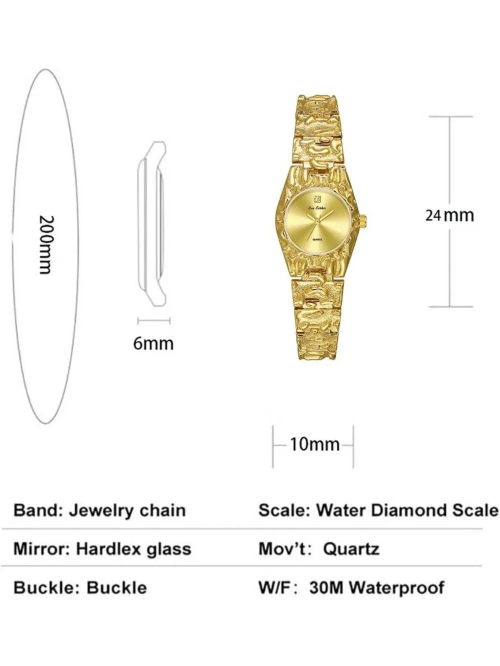 Women's Gold Luxurious Textured Jewelry Chain Minimalist Dial Quartz Wrist Watch